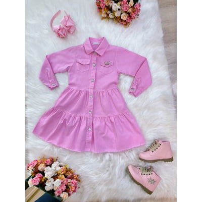 Vestido infantil Jeans Rosa Claro Com Bolsos Casual Luxo