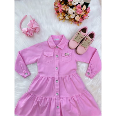 Vestido infantil Jeans Rosa Claro Com Bolsos Casual Luxo