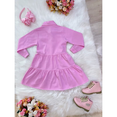 Vestido infantil Jeans Rosa Claro Com Bolsos Casual Luxo