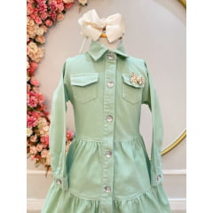 Vestido infantil Jeans Verde Claro Com Bolsos Casual Luxo