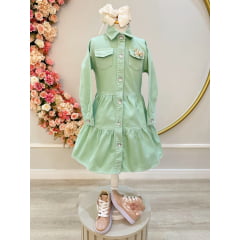 Vestido infantil Jeans Verde Claro Com Bolsos Casual Luxo