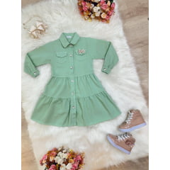 Vestido infantil Jeans Verde Claro Com Bolsos Casual Luxo