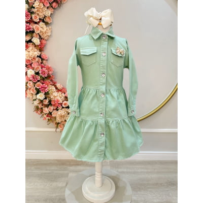 Vestido infantil Jeans Verde Claro Com Bolsos Casual Luxo