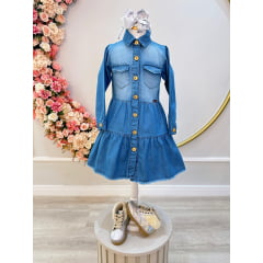 Vestido infantil Jeans Azul Com Bolsos Casual Luxo