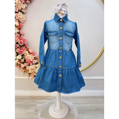 Vestido infantil Jeans Azul Com Bolsos Casual Luxo