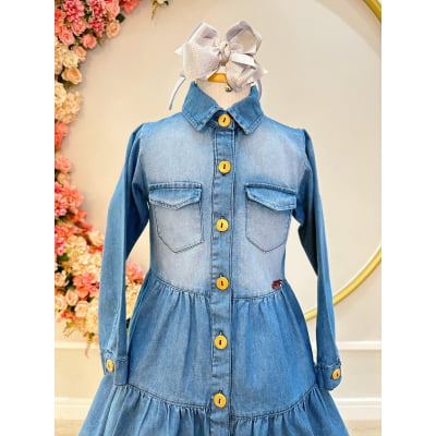 Vestido infantil Jeans Azul Com Bolsos Casual Luxo