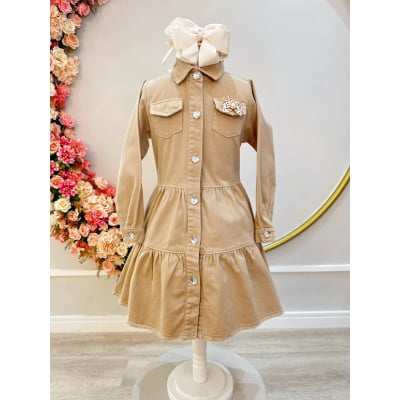 Vestido infantil Jeans Bege Com Bolsos Casual Luxo