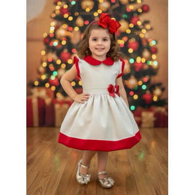 Vestido Infantil Marfim Gola Gôde C/ Broche Luxo Daminha