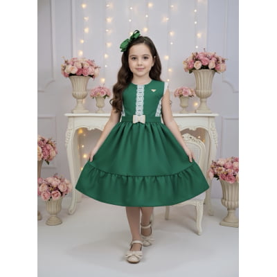Vestido Infantil Verde Bandeira C/ Guipir Cinto Broche Festas Vestido Infantil Verde Bandeira C/ Guipir Cinto Broche Festas