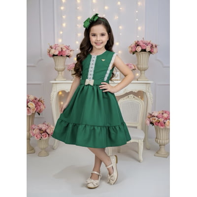 Vestido Infantil Verde Bandeira C/ Guipir Cinto Broche Festas