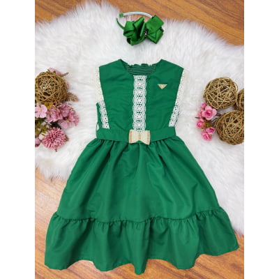 Vestido Infantil Verde Bandeira C/ Guipir Cinto Broche Festas