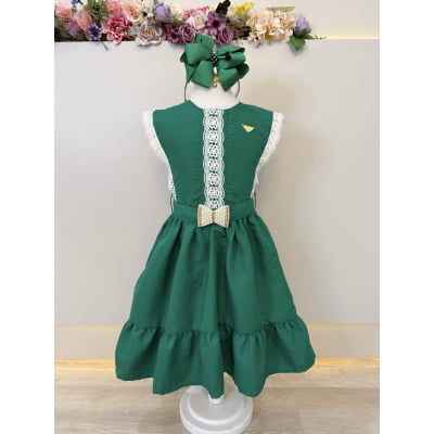 Vestido Infantil Verde Bandeira C/ Guipir Cinto Broche Festas
