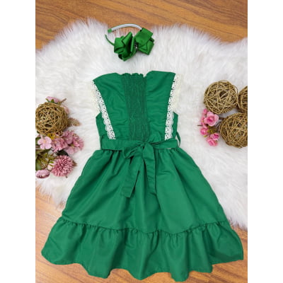 Vestido Infantil Verde Bandeira C/ Guipir Cinto Broche Festas