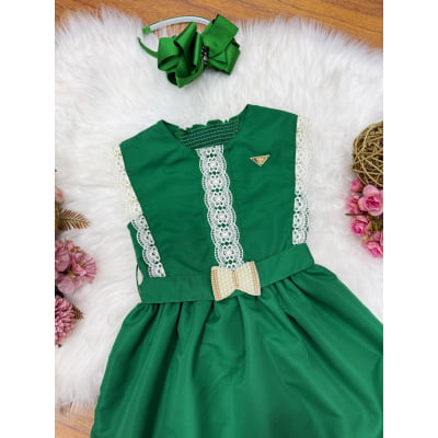 Vestido Infantil Verde Bandeira C/ Guipir Cinto Broche Festas
