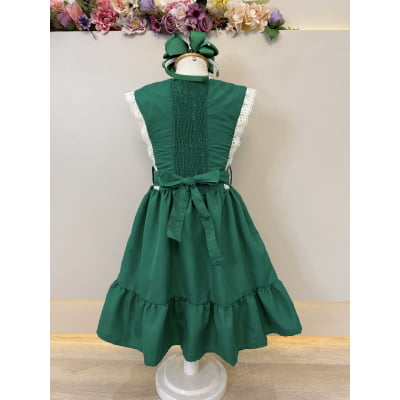 Vestido Infantil Verde Bandeira C/ Guipir Cinto Broche Festas