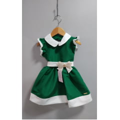 Vestido Infantil Verde Gola Gôde C/ Broche Luxo Daminha