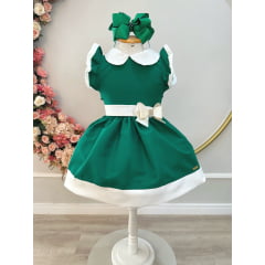 Vestido Infantil Verde Gola Gôde C/ Broche Luxo Daminha