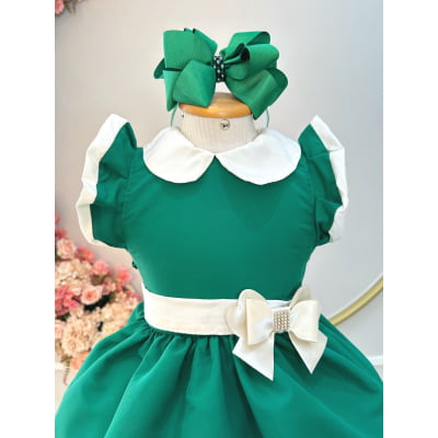 Vestido Infantil Verde Gola Gôde C/ Broche Luxo Daminha