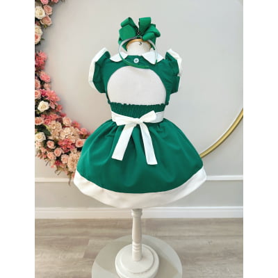 Vestido Infantil Verde Gola Gôde C/ Broche Luxo Daminha
