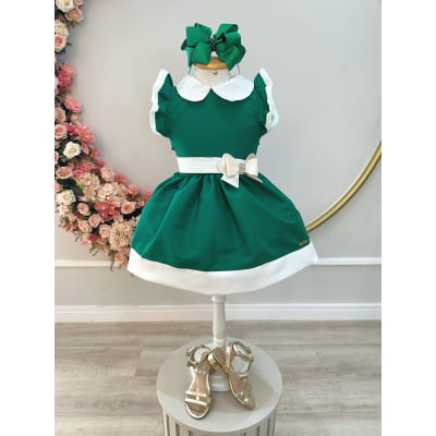Vestido Infantil Verde Gola Gôde C/ Broche Luxo Daminha
