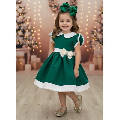 Vestido Infantil Verde Gola Gôde C/ Broche Luxo Daminha