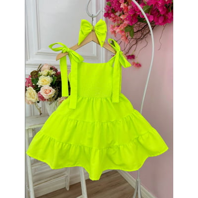 Vestido infantil Verde Lima Neon Strass no Busto e Laço Festa