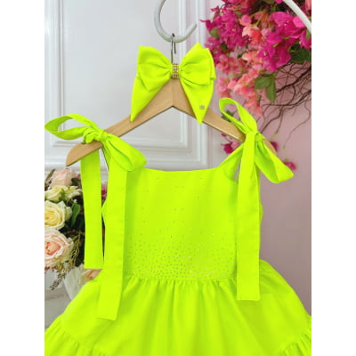 Vestido infantil Verde Lima Neon Strass no Busto e Laço Festa