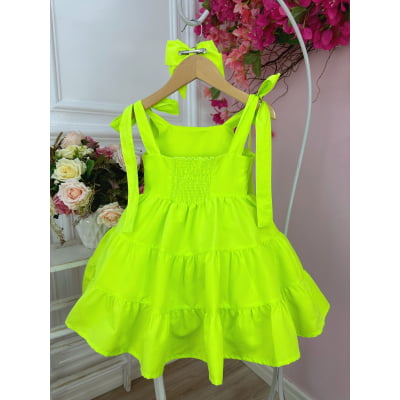 Vestido infantil Verde Lima Neon Strass no Busto e Laço Festa