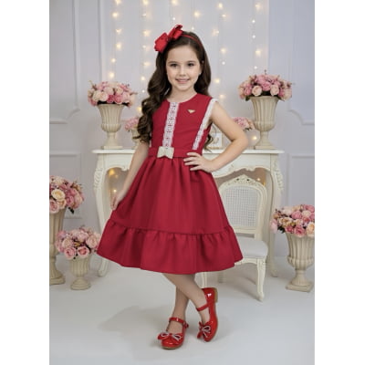 Vestido Infantil Vermelho com Guipir e Cinto Broche Festas Vestido Infantil Vermelho com Guipir e Cinto Broche Festas