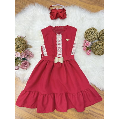 Vestido Infantil Vermelho com Guipir e Cinto Broche Festas