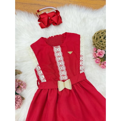 Vestido Infantil Vermelho com Guipir e Cinto Broche Festas