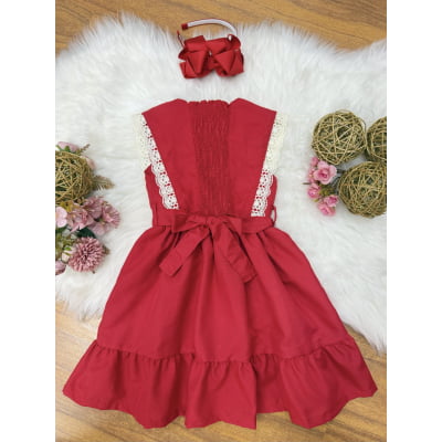 Vestido Infantil Vermelho com Guipir e Cinto Broche Festas