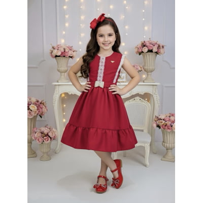 Vestido Infantil Vermelho com Guipir e Cinto Broche Festas