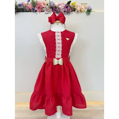 Vestido Infantil Vermelho com Guipir e Cinto Broche Festas