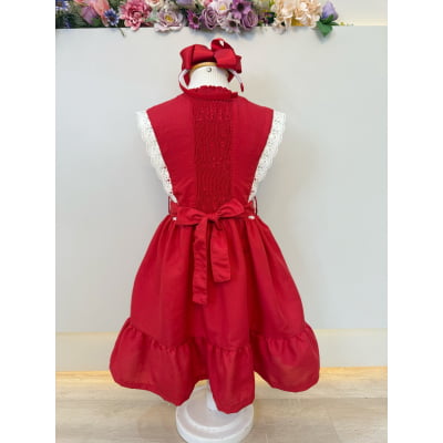 Vestido Infantil Vermelho com Guipir e Cinto Broche Festas