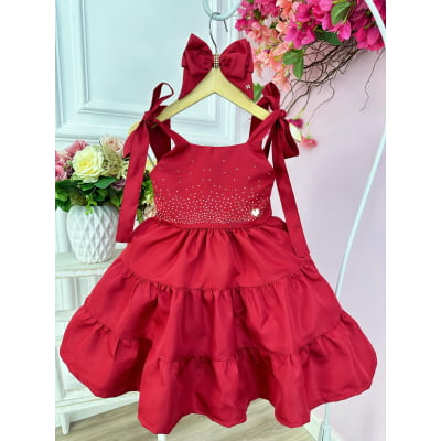 Vestido infantil Vermelho Escuro Strass Busto e Laço Festas