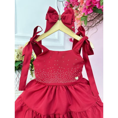 Vestido infantil Vermelho Escuro Strass Busto e Laço Festas