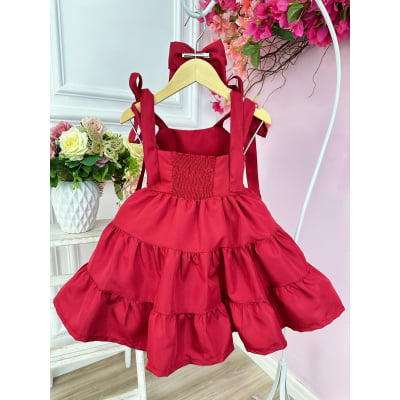 Vestido infantil Vermelho Escuro Strass Busto e Laço Festas