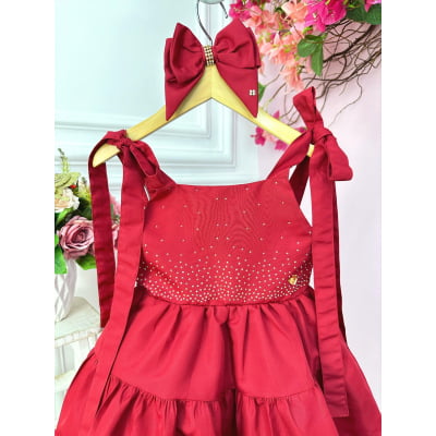 Vestido infantil Vermelho Escuro Strass no Busto e Laço Luxo