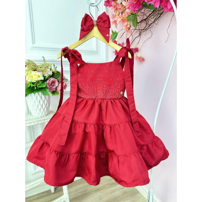 Vestido infantil Vermelho Escuro Strass no Busto e Laço Luxo