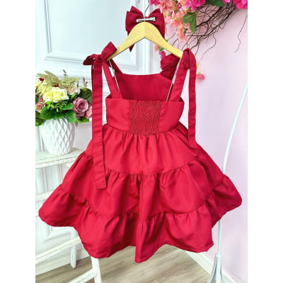 Vestido infantil Vermelho Escuro Strass no Busto e Laço Luxo