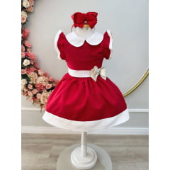 Vestido Infantil Vermelho Gola Gôde C/ Broche Luxo Daminha