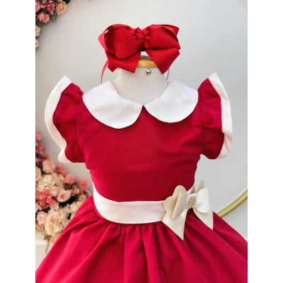 Vestido Infantil Vermelho Gola Gôde C/ Broche Luxo Daminha