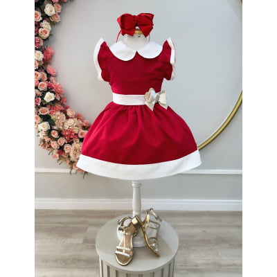 Vestido Infantil Vermelho Gola Gôde C/ Broche Luxo Daminha