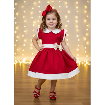 Vestido Infantil Vermelho Gola Gôde C/ Broche Luxo Daminha