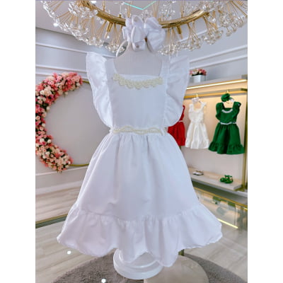 Vestido Infantil Branco Luxo Com Pérolas Festas Daminhas