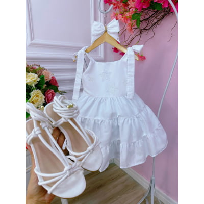 Vestido infantil Branco Strass no Busto Estrelas e Laço Damas