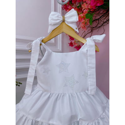 Vestido infantil Branco Strass no Busto Estrelas e Laço Damas