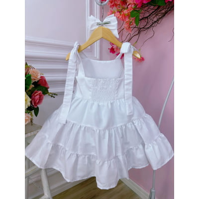 Vestido infantil Branco Strass no Busto Estrelas e Laço Damas