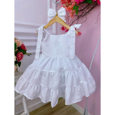 Vestido infantil Branco Strass no Busto Estrelas e Laço Damas